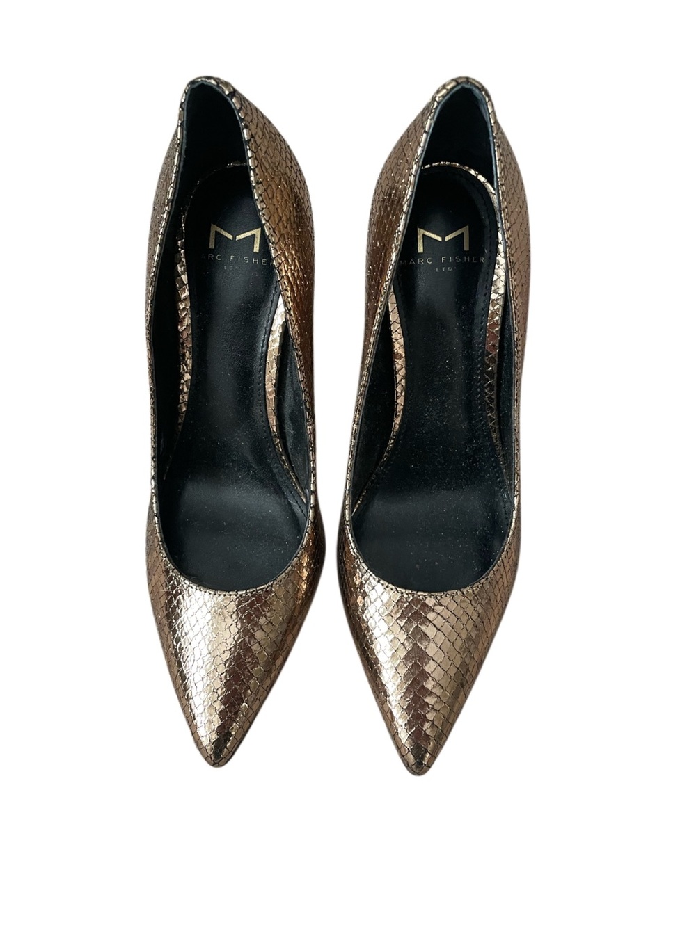 Marc Fisher Bronze Metallic Snake-Embossed Pointed Pumps